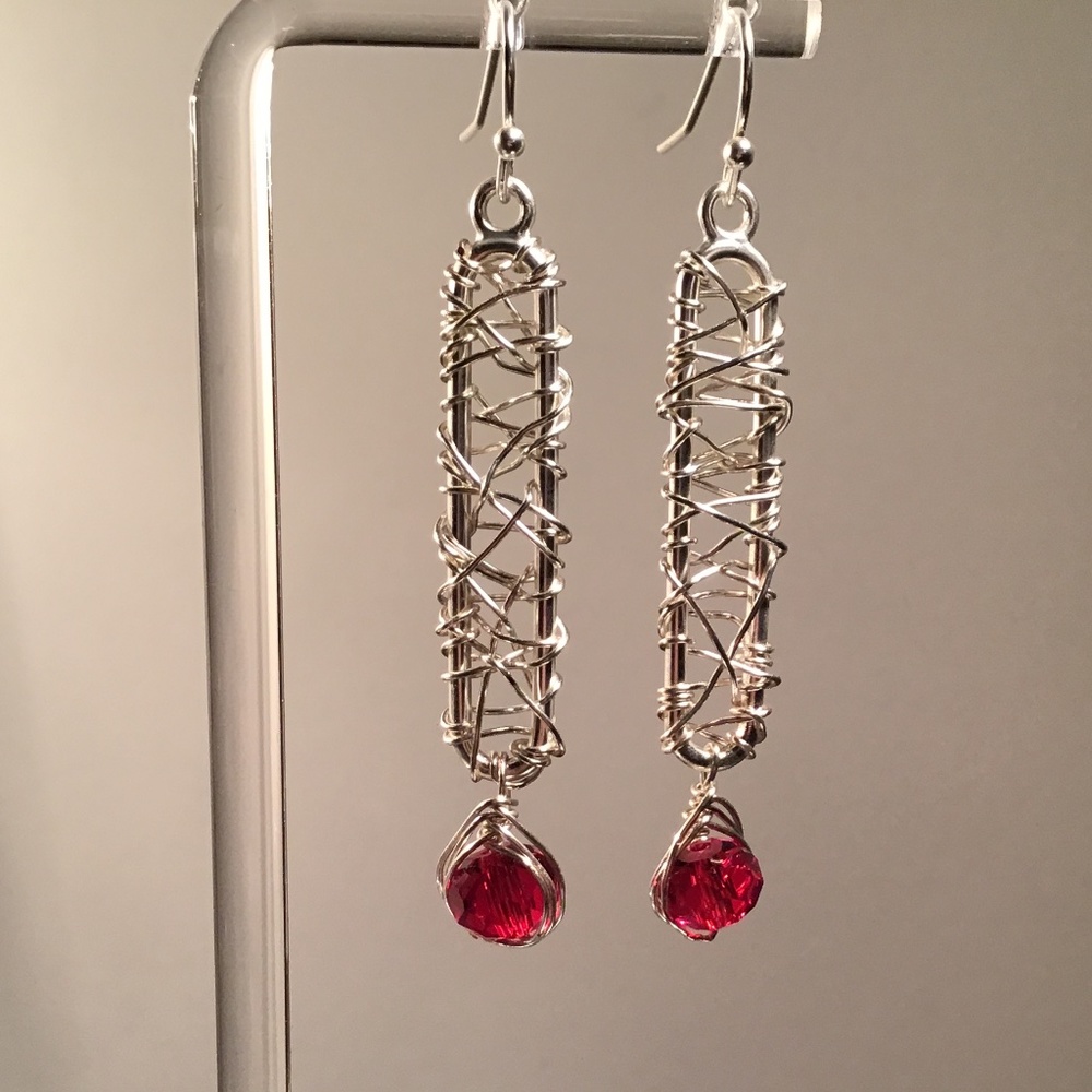 Modern Earrings - Wrapped Silver Tone With A Red Crystal Drop